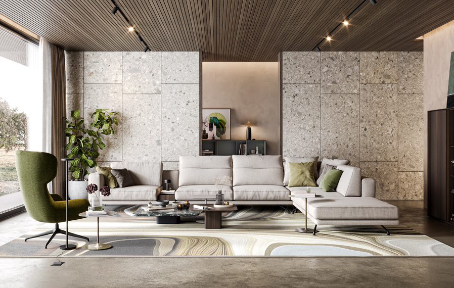 primavera, sala de estar, decoração, terracota, navy blue, sage green, mobiliário, contemporâneo