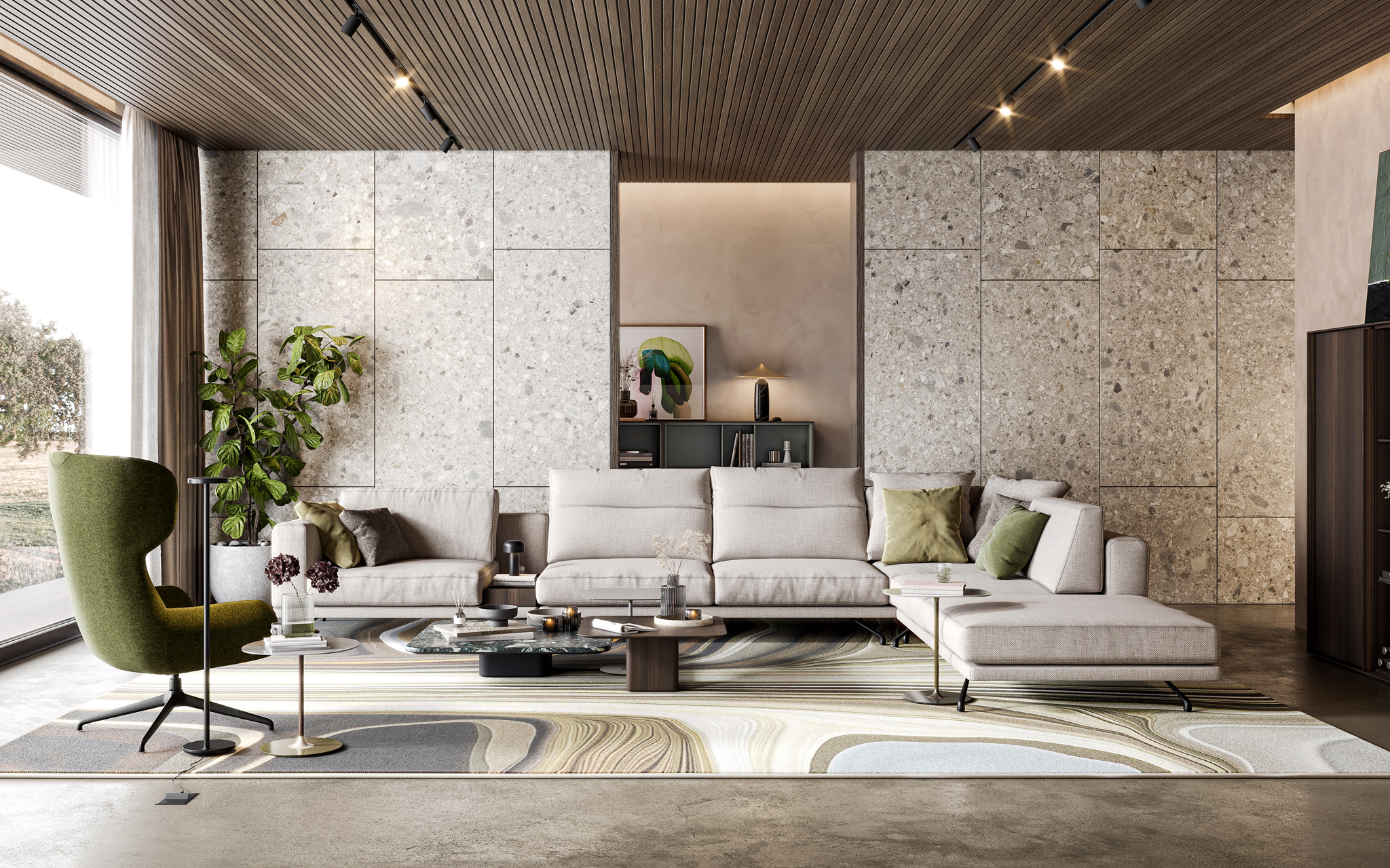 primavera, sala de estar, decoração, terracota, navy blue, sage green, mobiliário, contemporâneo