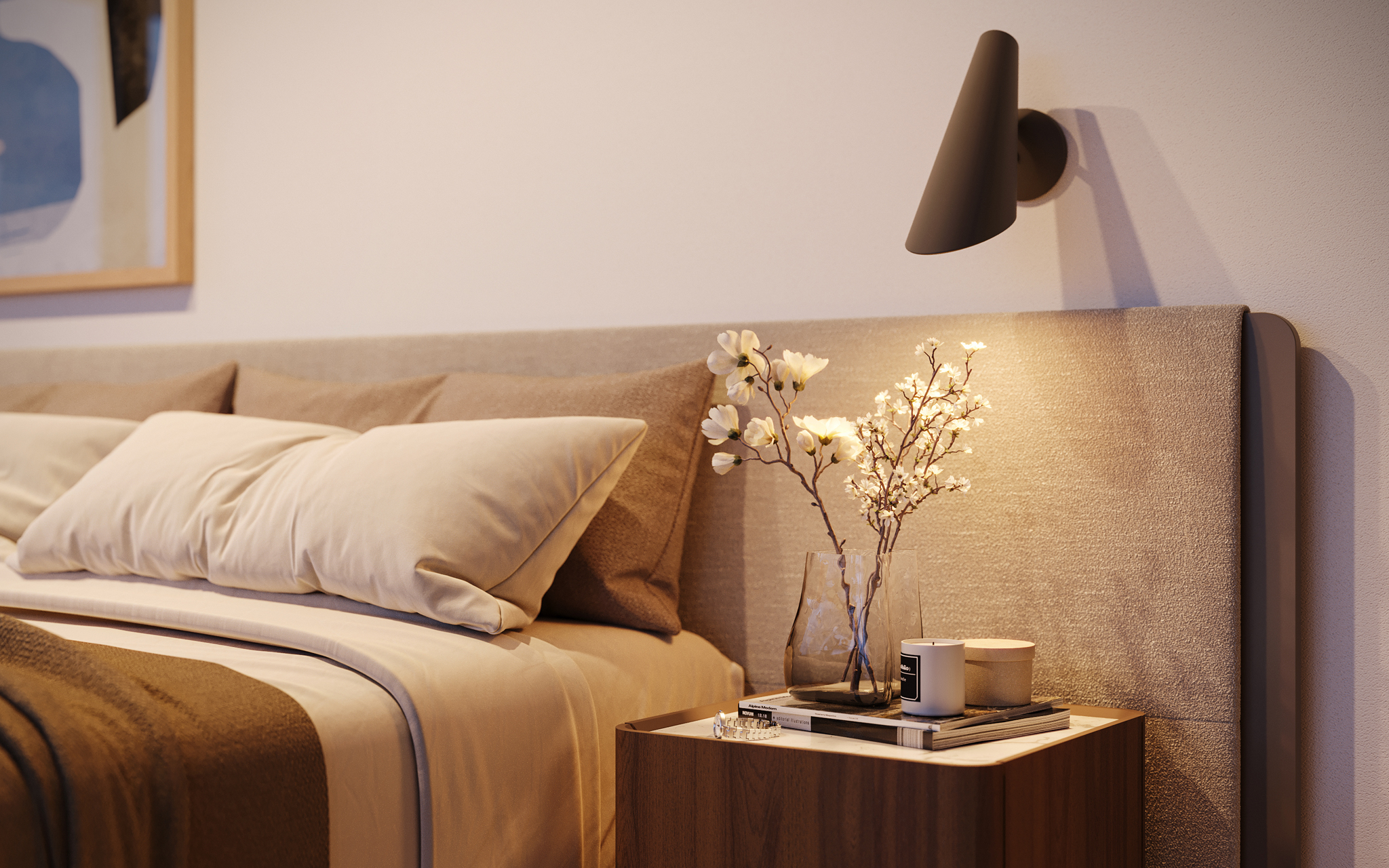 quarto confortável, candeeiros para quarto, quartos escandinavos, têxteis para o quarto, almofadas, mantas, espelhos, tapetes, quadros